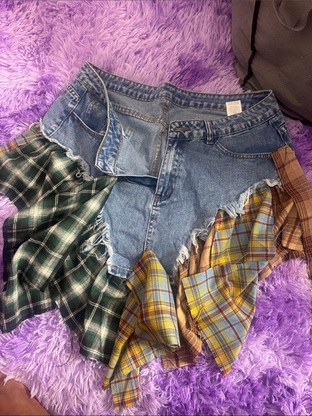SHEIN Denim Patchwork Mini Skirt with Green and Yellow Plaid